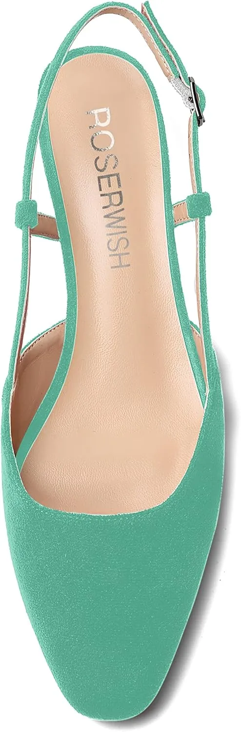 ROSERWISH Womens Cute Square Toe Slingback Suede Wedding Party Comfortable Kitten Low Heel Pumps Dress Shoes 1.5 Inch