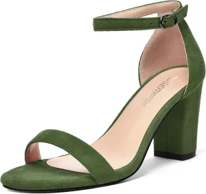 ROSERWISH Womens Dress Buckle Round Toe Suede Dating Ankle Strap Fashion Block High Heel Heeled Sandals 3.3 Inch