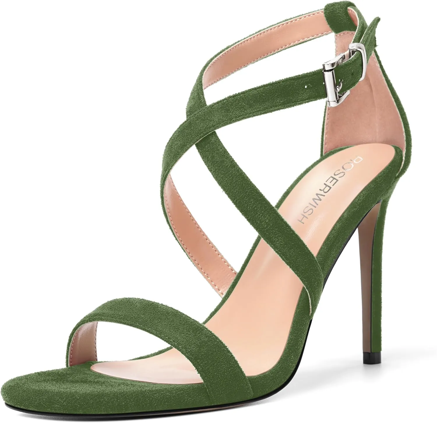 ROSERWISH Womens Open Toe Fashion Buckle Suede Sexy Evening Ankle Strap Stiletto High Heel Heeled Sandals 4 Inch