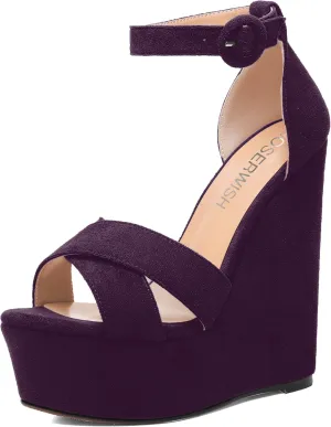 ROSERWISH Womens Open Toe Fashion Party Platform Ankle Strap Wedding Suede Sexy Wedge High Heel Heeled Sandals 6 Inch