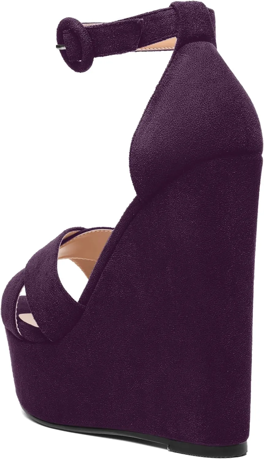 ROSERWISH Womens Open Toe Fashion Party Platform Ankle Strap Wedding Suede Sexy Wedge High Heel Heeled Sandals 6 Inch