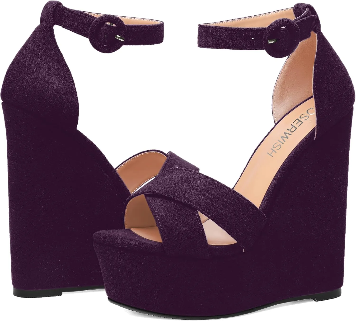 ROSERWISH Womens Open Toe Fashion Party Platform Ankle Strap Wedding Suede Sexy Wedge High Heel Heeled Sandals 6 Inch