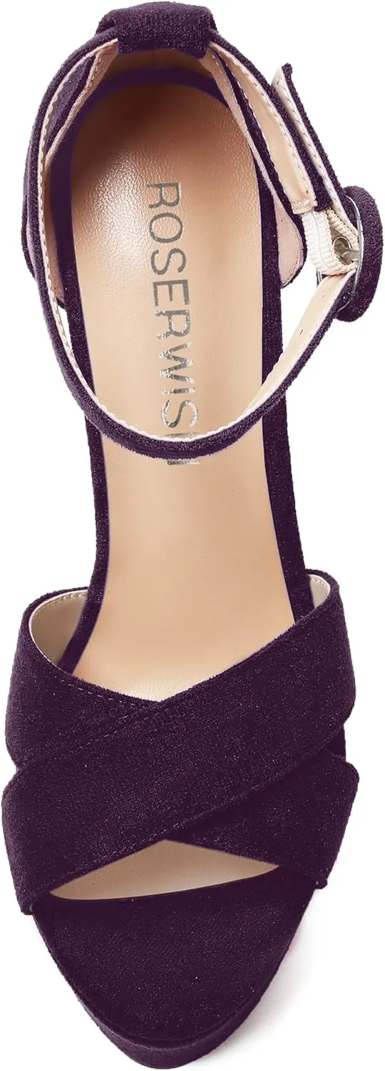 ROSERWISH Womens Open Toe Fashion Party Platform Ankle Strap Wedding Suede Sexy Wedge High Heel Heeled Sandals 6 Inch