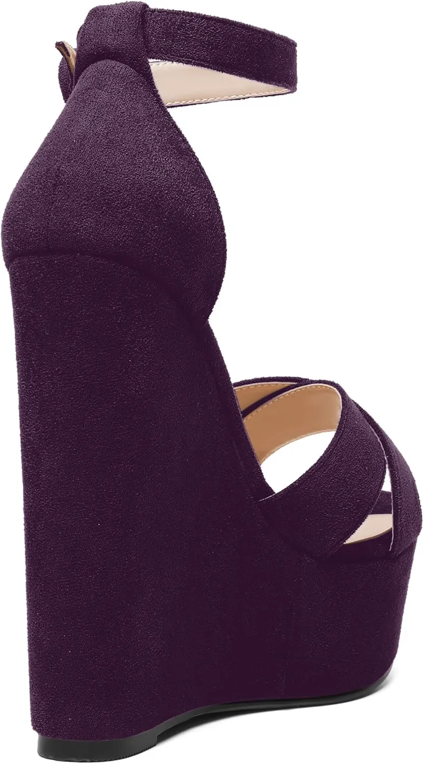 ROSERWISH Womens Open Toe Fashion Party Platform Ankle Strap Wedding Suede Sexy Wedge High Heel Heeled Sandals 6 Inch