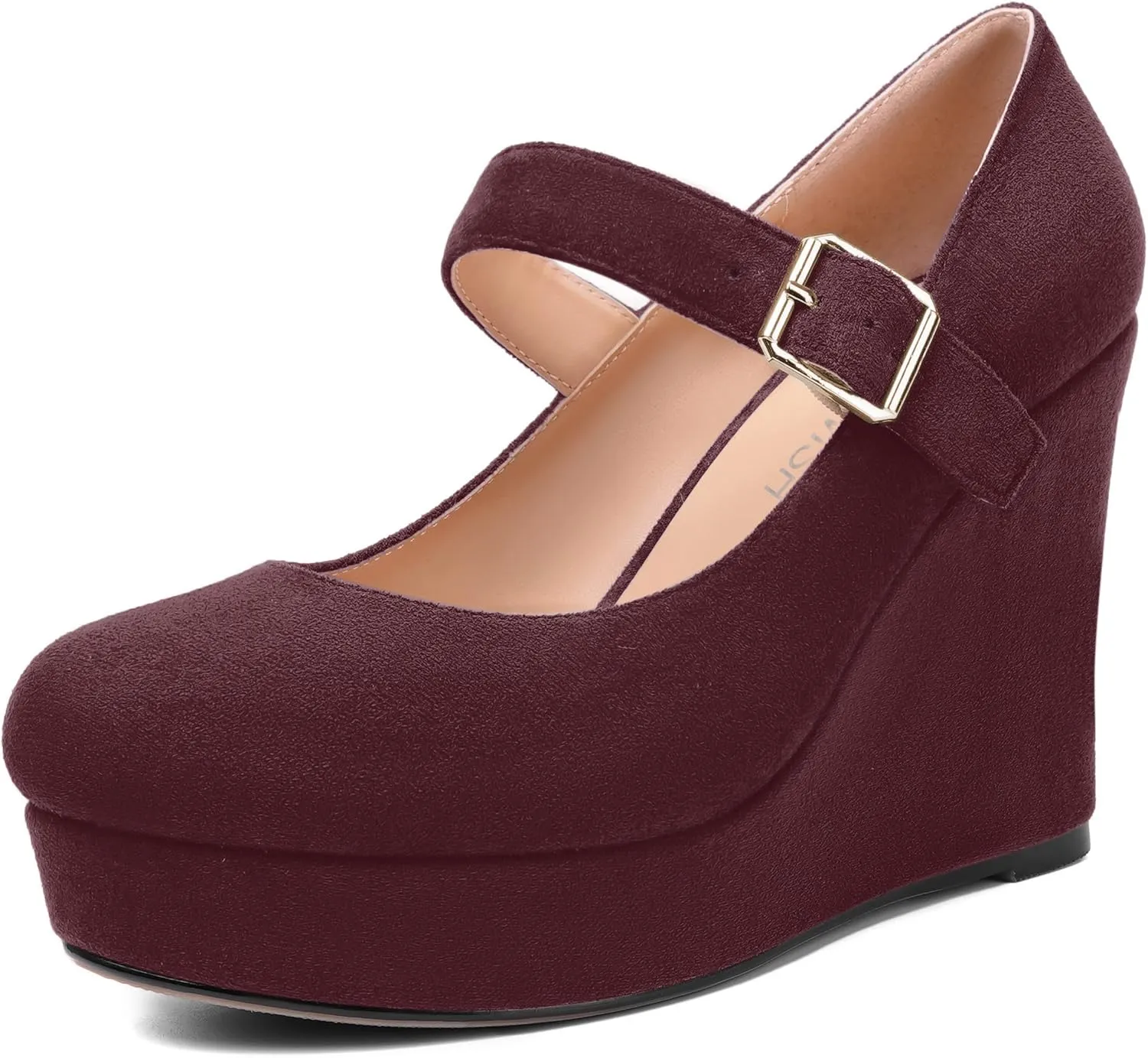 ROSERWISH Womens Sexy Suede Buckle Platform Mary Jane Ankle Strap Round Toe Wedding Dressy Wedge High Heel Pumps Shoes 4 Inch