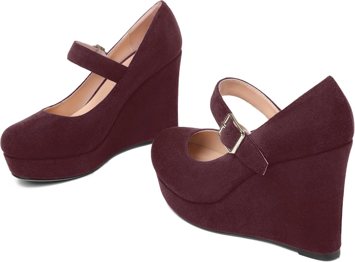 ROSERWISH Womens Sexy Suede Buckle Platform Mary Jane Ankle Strap Round Toe Wedding Dressy Wedge High Heel Pumps Shoes 4 Inch