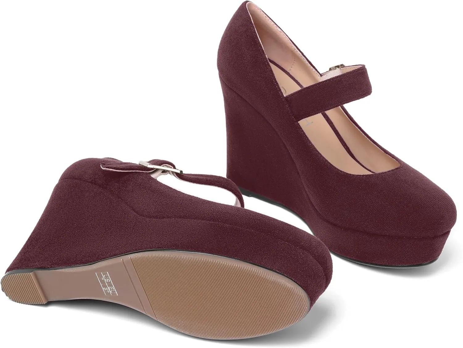 ROSERWISH Womens Sexy Suede Buckle Platform Mary Jane Ankle Strap Round Toe Wedding Dressy Wedge High Heel Pumps Shoes 4 Inch