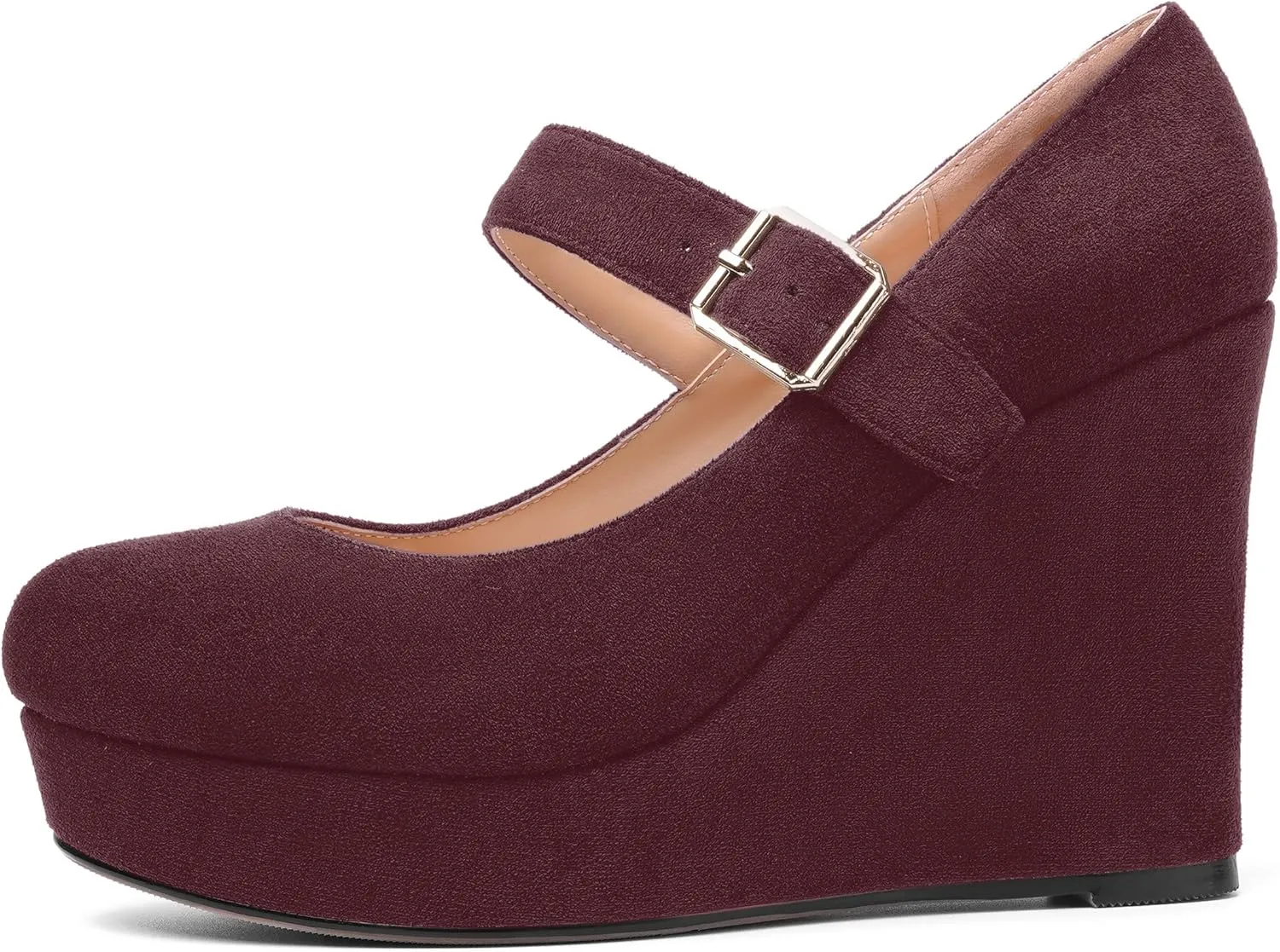 ROSERWISH Womens Sexy Suede Buckle Platform Mary Jane Ankle Strap Round Toe Wedding Dressy Wedge High Heel Pumps Shoes 4 Inch