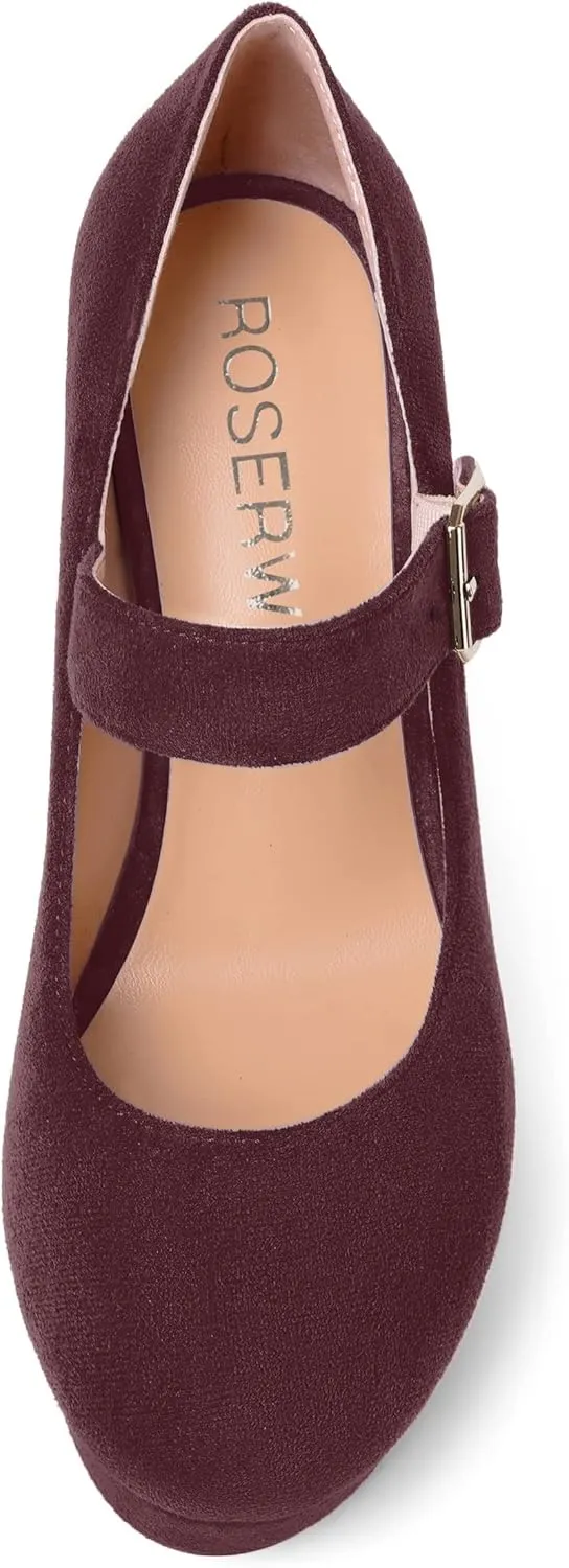 ROSERWISH Womens Sexy Suede Buckle Platform Mary Jane Ankle Strap Round Toe Wedding Dressy Wedge High Heel Pumps Shoes 4 Inch