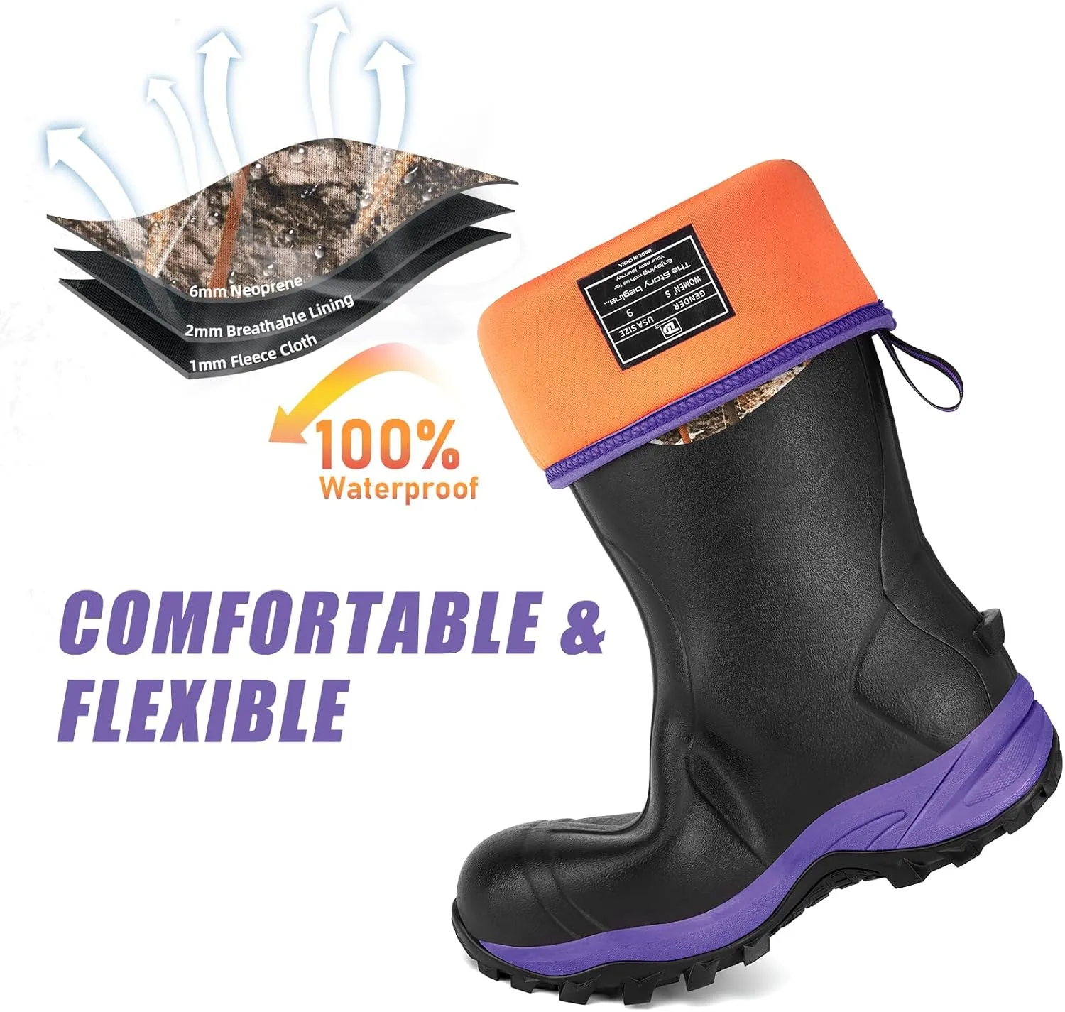 Rubber Boots for Women with Steel Shank, Waterproof Insulated Mud Rain Boots, 6mm Neoprene Anti-slip Outdoor Work Boots, Size 6-11