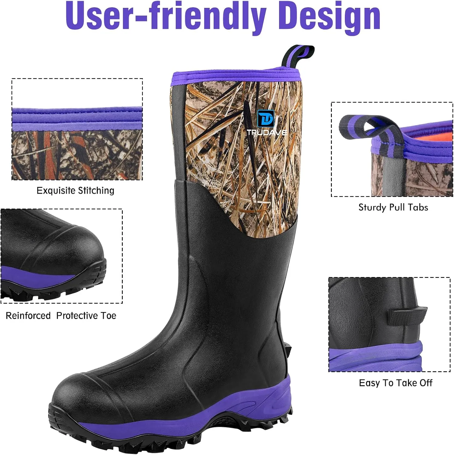 Rubber Boots for Women with Steel Shank, Waterproof Insulated Mud Rain Boots, 6mm Neoprene Anti-slip Outdoor Work Boots, Size 6-11