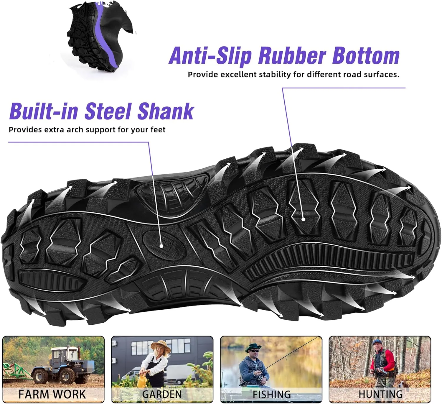 Rubber Boots for Women with Steel Shank, Waterproof Insulated Mud Rain Boots, 6mm Neoprene Anti-slip Outdoor Work Boots, Size 6-11