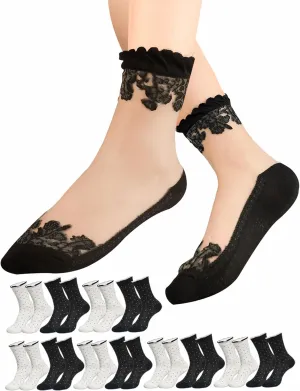 Ruffle Trim Cotton Crew Socks, Ribbed Knit, Gray and Black, huabian