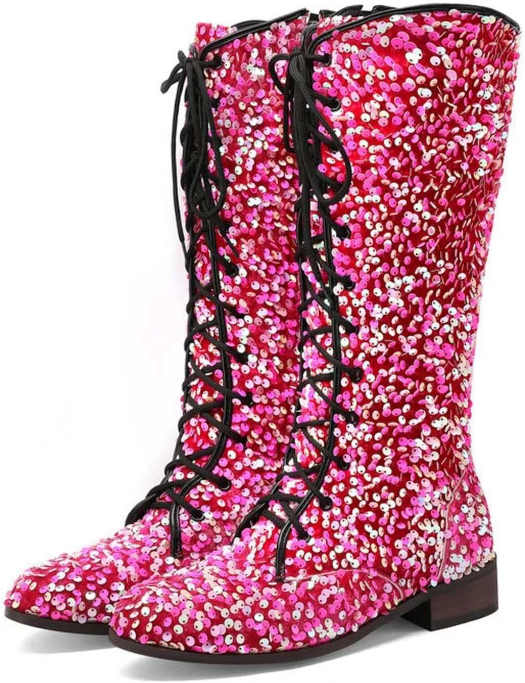 SACFOF Women's Glitter Sequin Mid Calf Boots Round Toe Chunky Block Heel Boots Sparkly Lace Up Cowboy Cowgirl Boots for Women