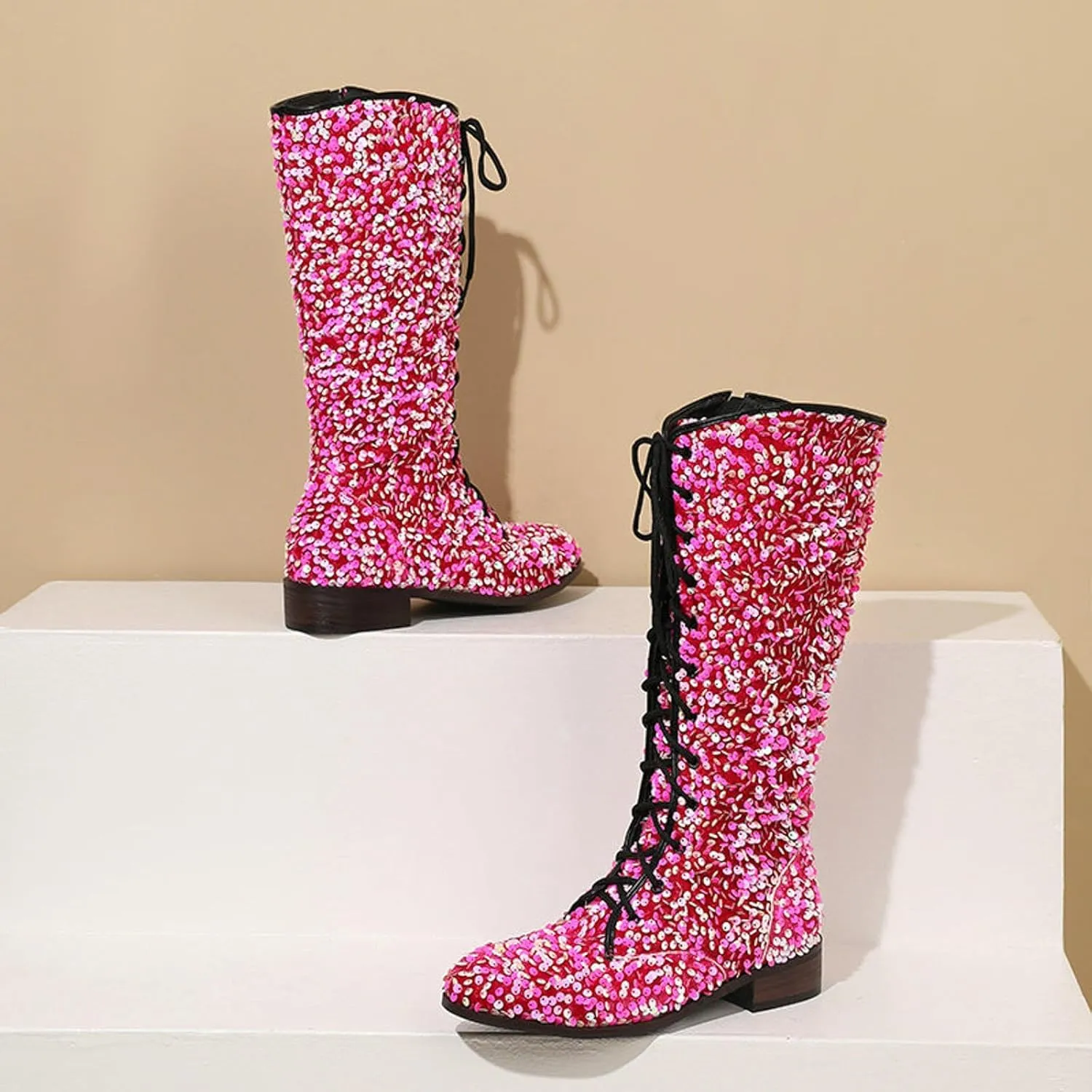SACFOF Women's Glitter Sequin Mid Calf Boots Round Toe Chunky Block Heel Boots Sparkly Lace Up Cowboy Cowgirl Boots for Women