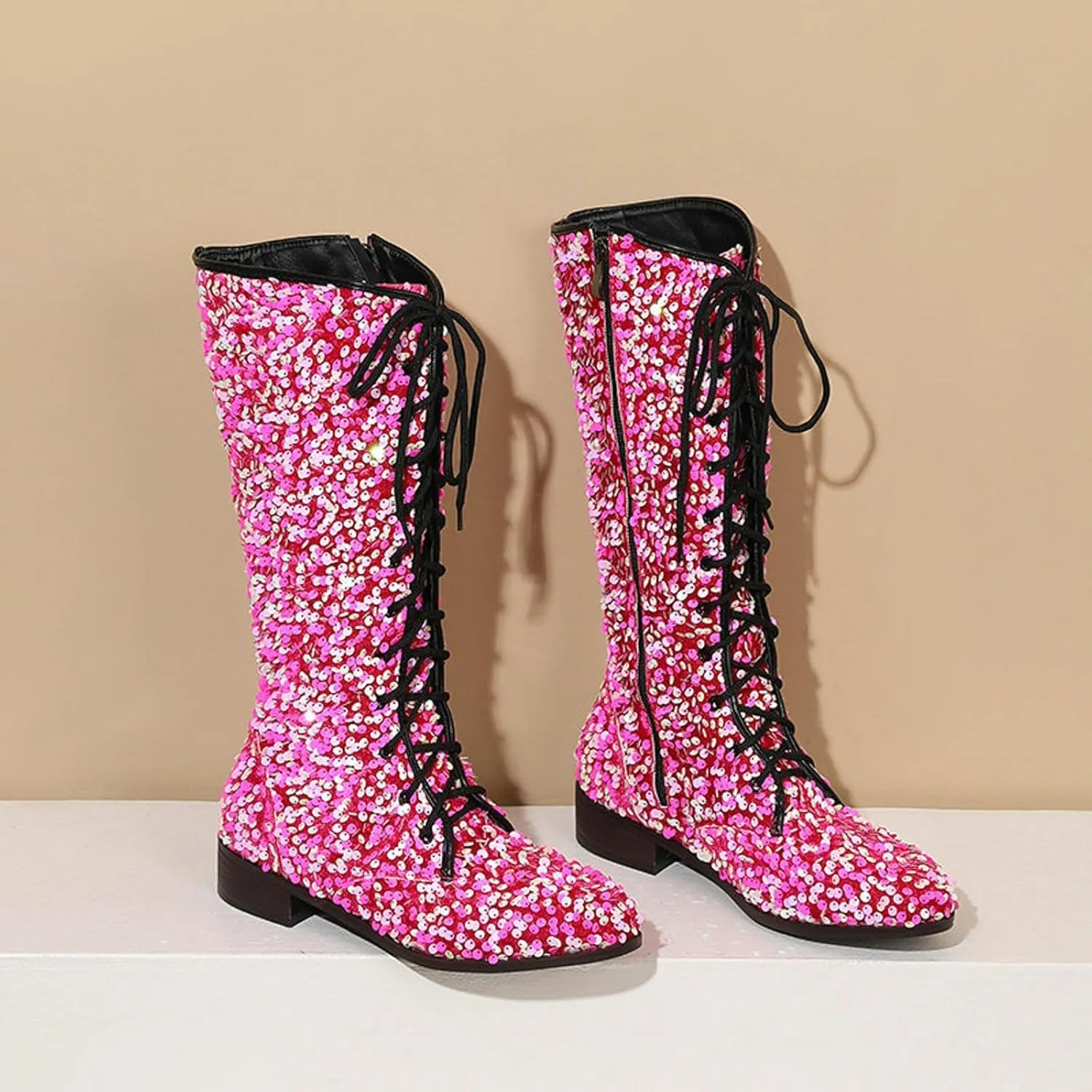 SACFOF Women's Glitter Sequin Mid Calf Boots Round Toe Chunky Block Heel Boots Sparkly Lace Up Cowboy Cowgirl Boots for Women