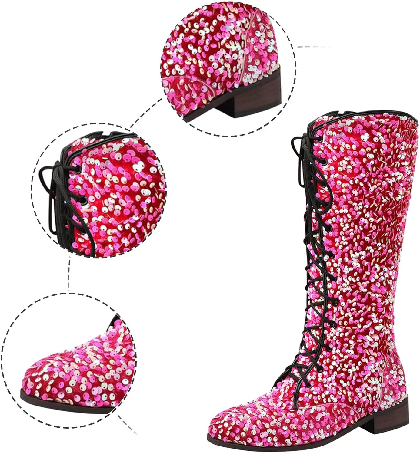 SACFOF Women's Glitter Sequin Mid Calf Boots Round Toe Chunky Block Heel Boots Sparkly Lace Up Cowboy Cowgirl Boots for Women
