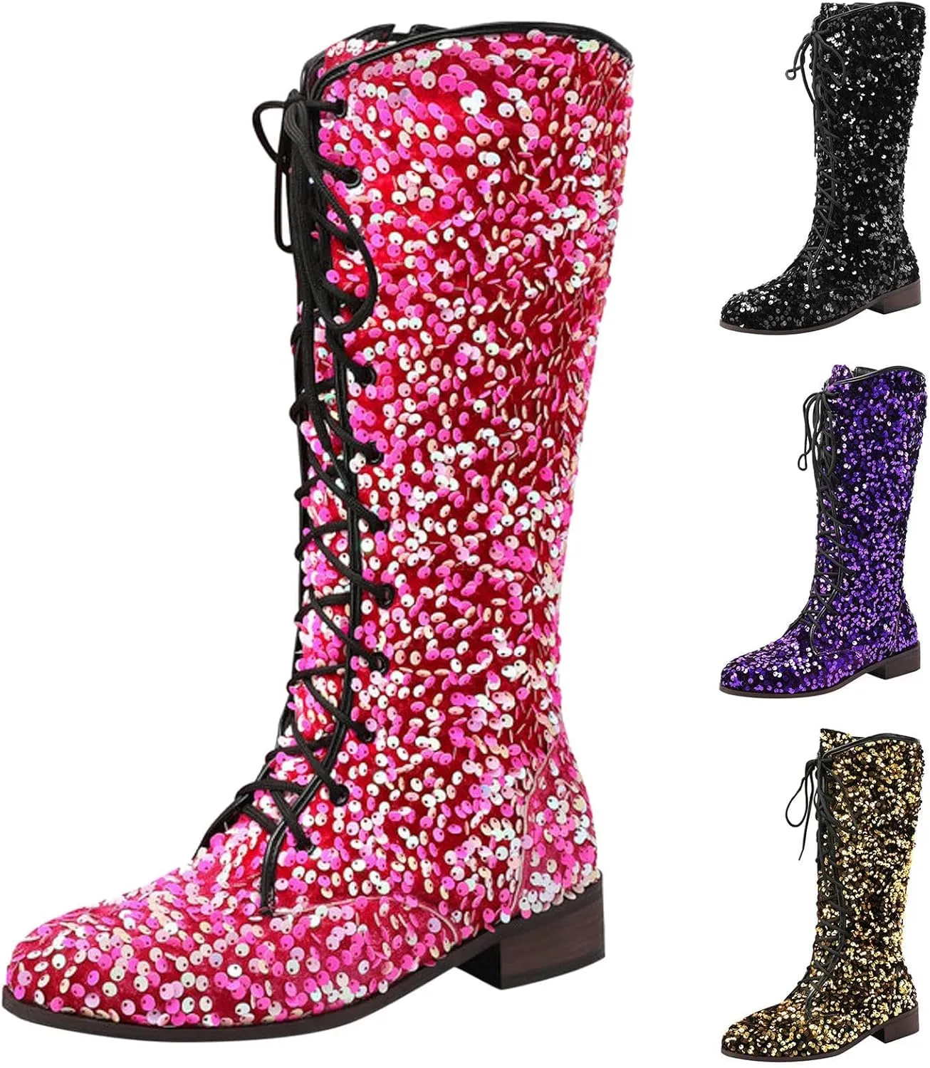 SACFOF Women's Glitter Sequin Mid Calf Boots Round Toe Chunky Block Heel Boots Sparkly Lace Up Cowboy Cowgirl Boots for Women
