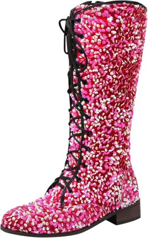 SACFOF Women's Glitter Sequin Mid Calf Boots Round Toe Chunky Block Heel Boots Sparkly Lace Up Cowboy Cowgirl Boots for Women