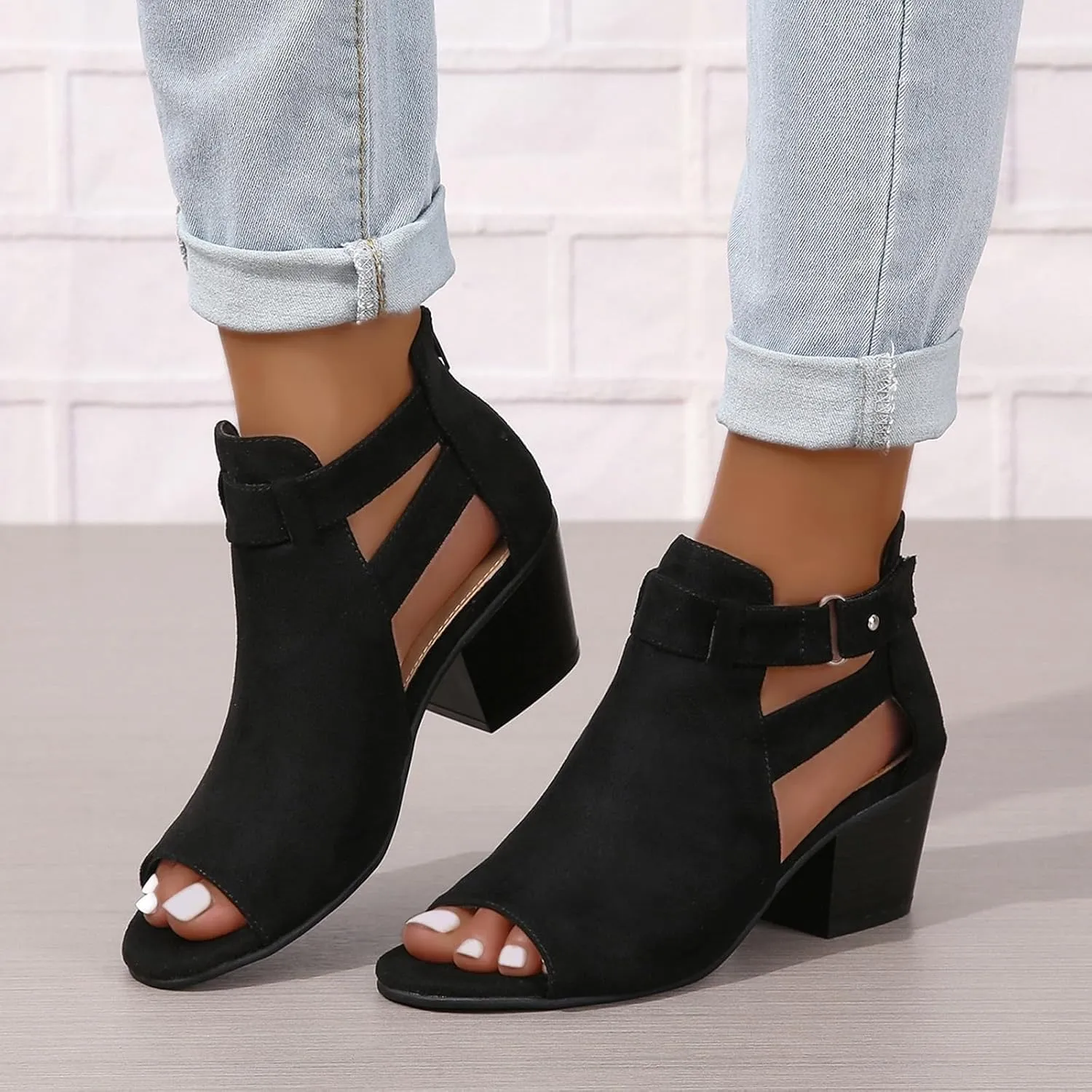 SACFOF Womens Peep Toe Booties Cutout Side Strap Mid Black Chunky Heel Cutout Sandals Ankle Bootie with Back Zipper
