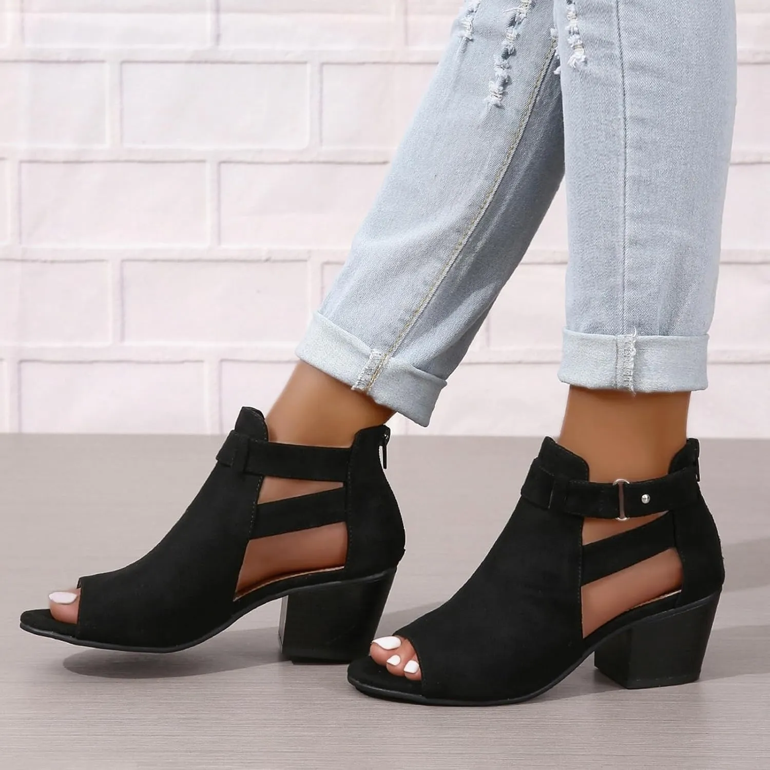 SACFOF Womens Peep Toe Booties Cutout Side Strap Mid Black Chunky Heel Cutout Sandals Ankle Bootie with Back Zipper