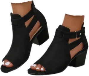 SACFOF Womens Peep Toe Booties Cutout Side Strap Mid Black Chunky Heel Cutout Sandals Ankle Bootie with Back Zipper
