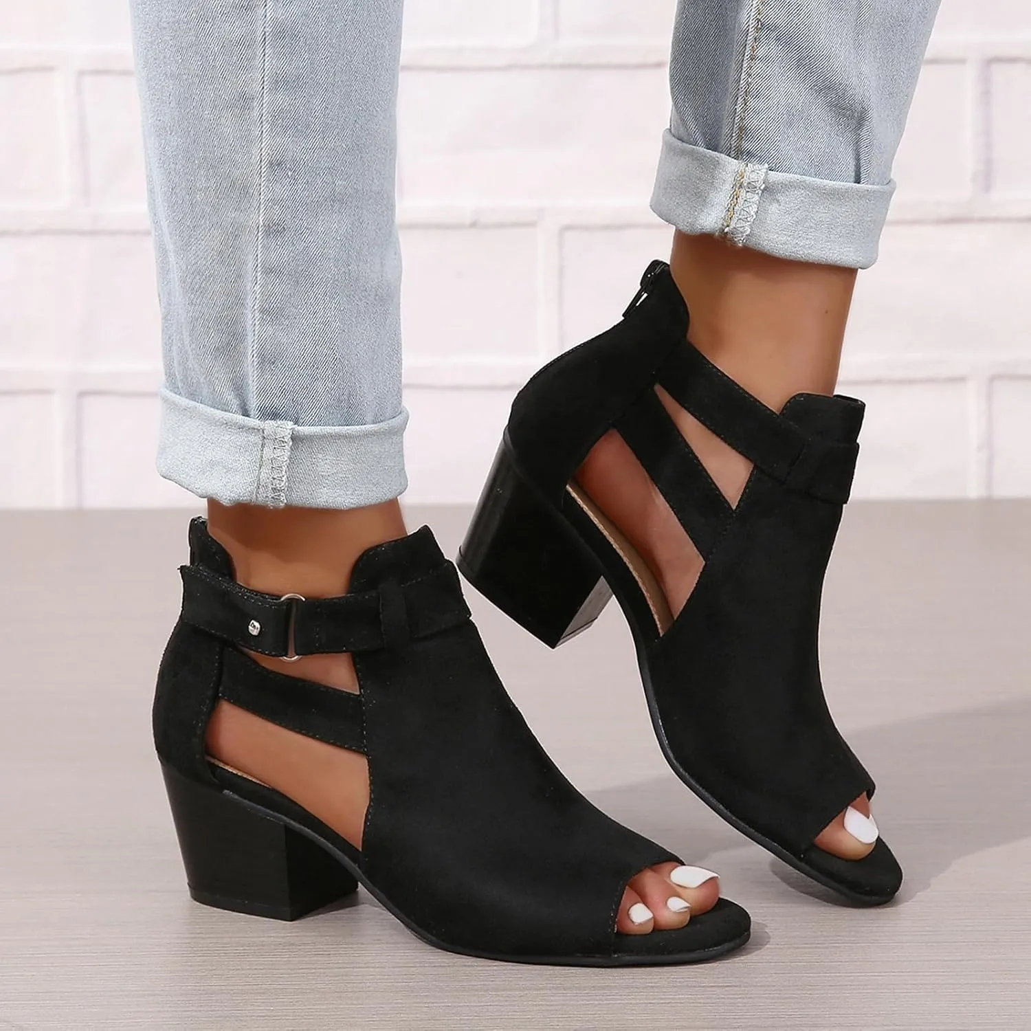 SACFOF Womens Peep Toe Booties Cutout Side Strap Mid Black Chunky Heel Cutout Sandals Ankle Bootie with Back Zipper
