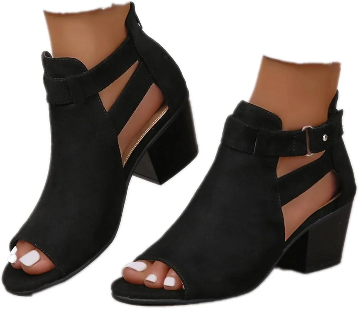 SACFOF Womens Peep Toe Booties Cutout Side Strap Mid Black Chunky Heel Cutout Sandals Ankle Bootie with Back Zipper