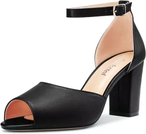 Saekcted Women Chunky Block High Heel Peep Open Toe Sandals Ankle Strap Buckle Party Classic 3.2 Inches Heels