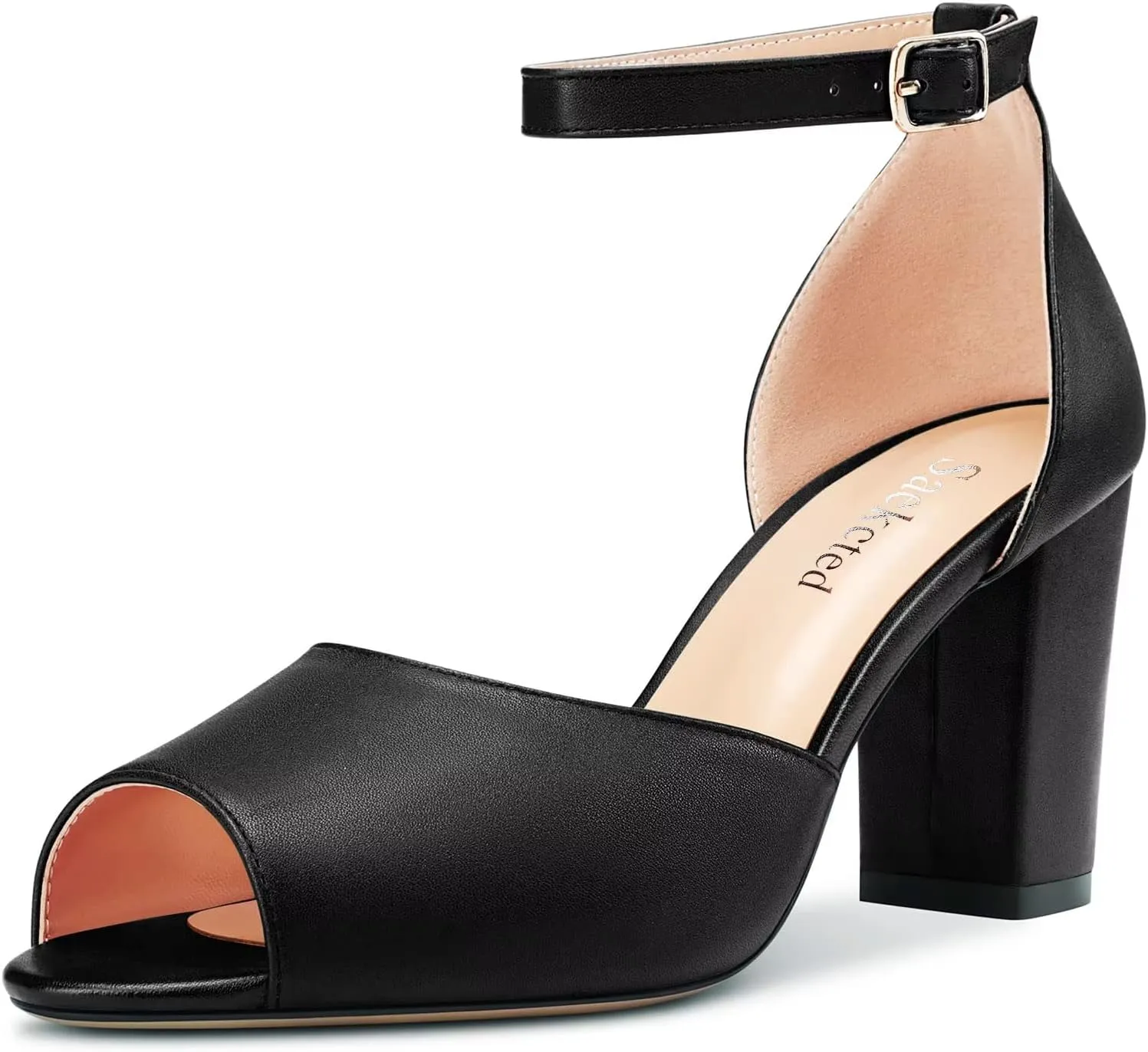 Saekcted Women Chunky Block High Heel Peep Open Toe Sandals Ankle Strap Buckle Party Classic 3.2 Inches Heels