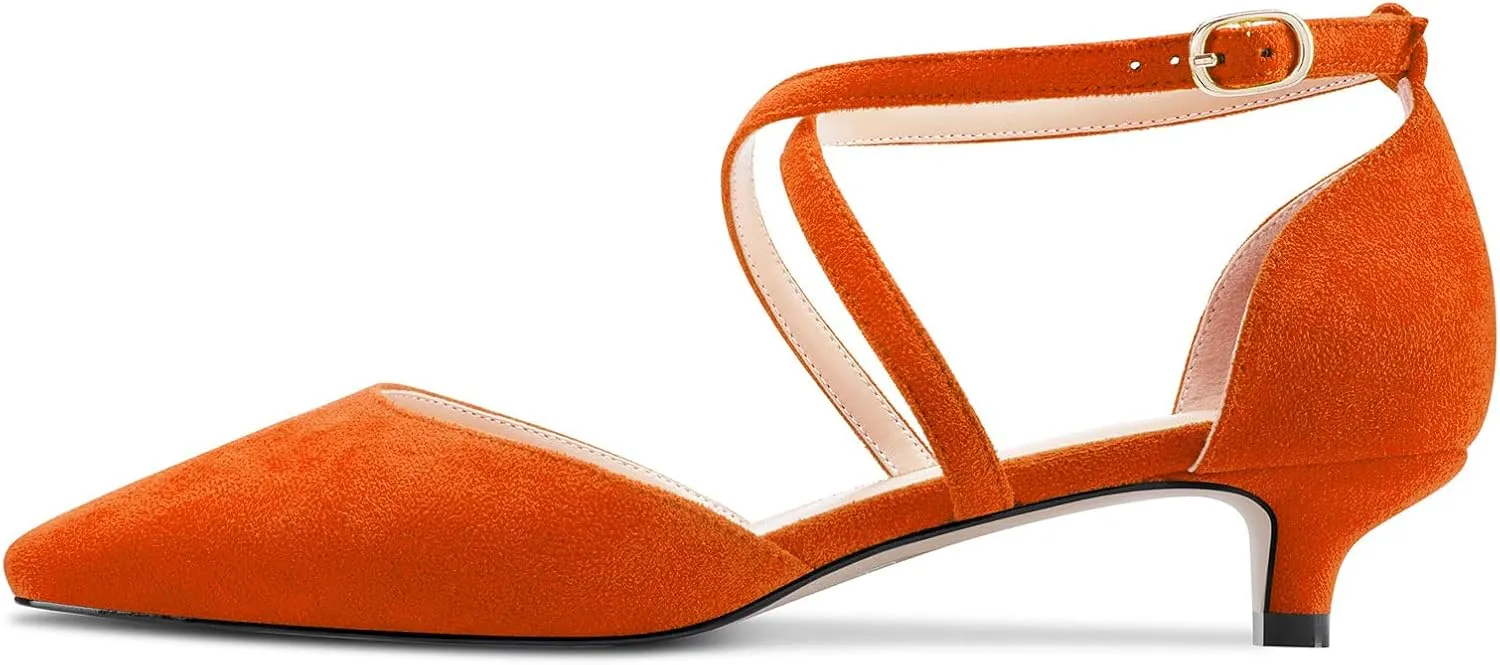 Saekcted Women Girl Low Kitten Heel Close Square Toe Cross-Strap Pumps Classic Cute Dress 1.4 Inches Heels