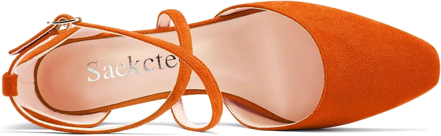 Saekcted Women Girl Low Kitten Heel Close Square Toe Cross-Strap Pumps Classic Cute Dress 1.4 Inches Heels
