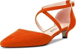 Saekcted Women Girl Low Kitten Heel Close Square Toe Cross-Strap Pumps Classic Cute Dress 1.4 Inches Heels