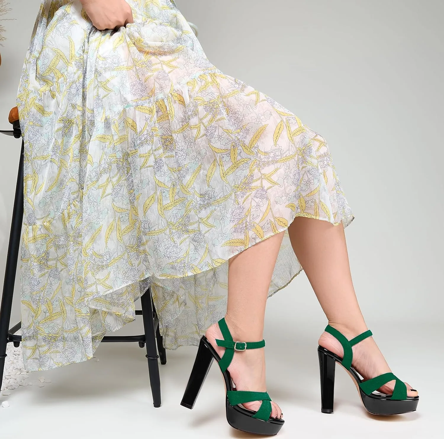 Saekcted Womens Chunky Block High Heel Open Toe Platform Ankle Strap Sandals Cross-Strap Patchwork Dress Shoes Casual Summer 5.1 Inches Heels