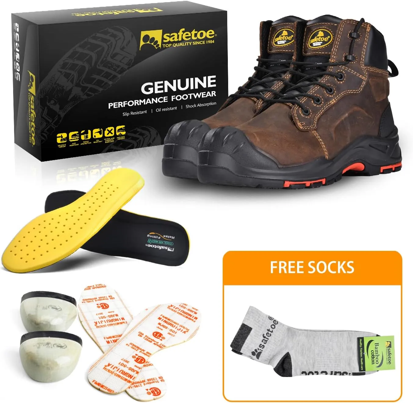 SAFETOE Safety Boots for Men Composite Toe Work Boots Lightweight Cow Leather Puncture Proof Slip On Work Boots Wide Fit