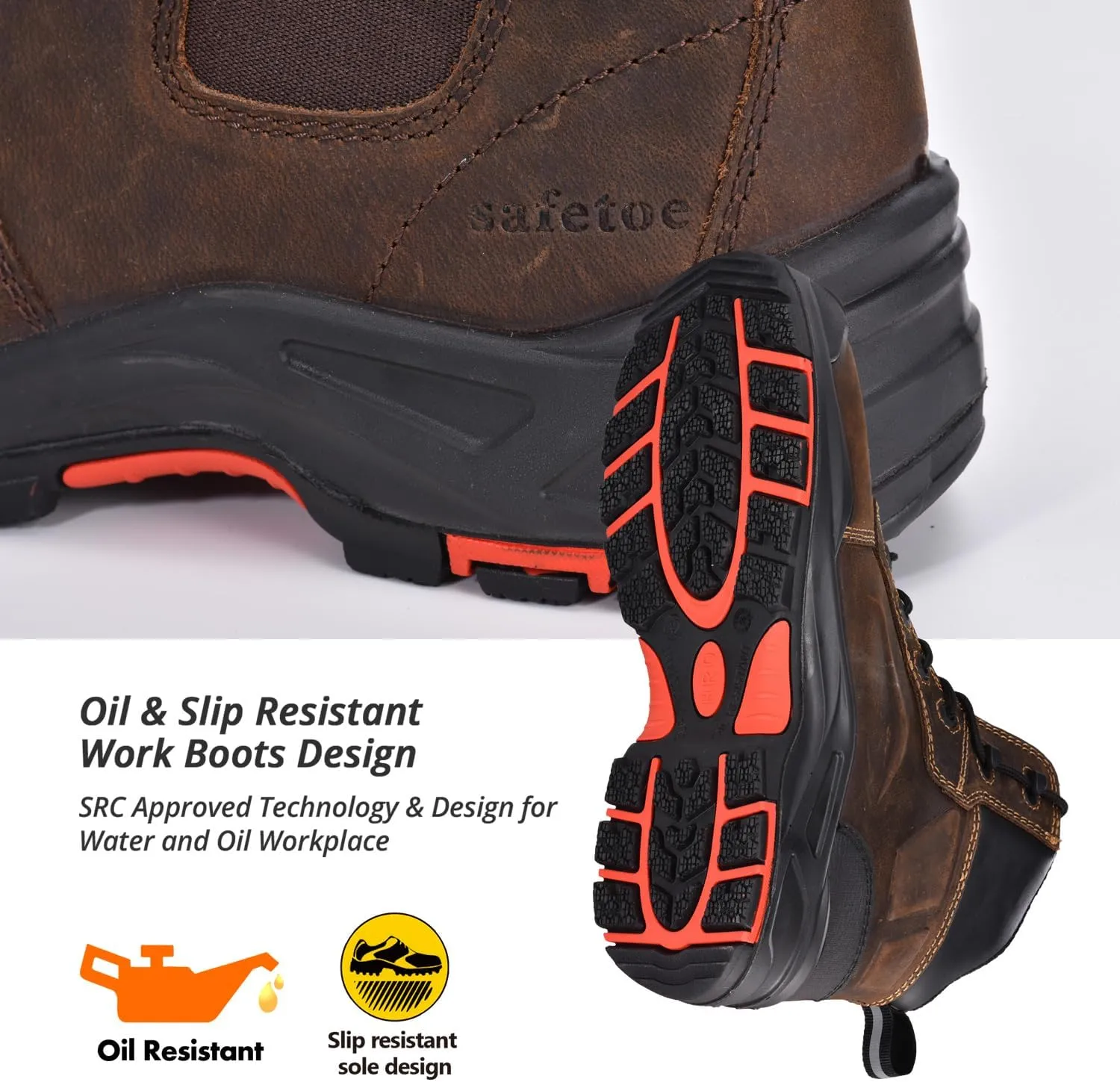 SAFETOE Safety Boots for Men Composite Toe Work Boots Lightweight Cow Leather Puncture Proof Slip On Work Boots Wide Fit