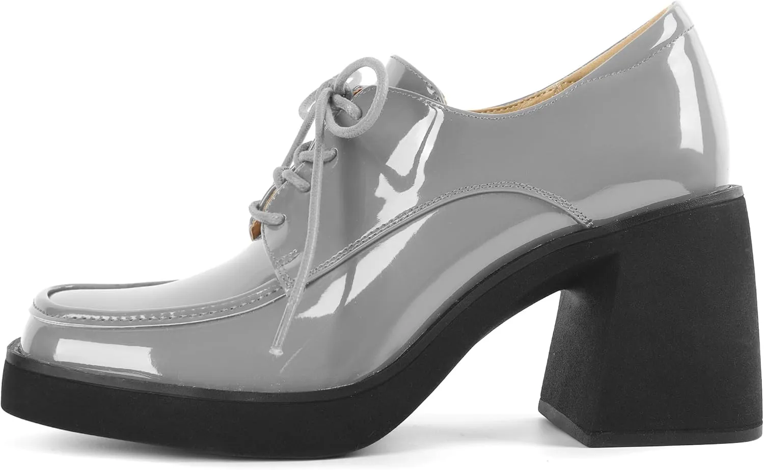 SAMMITOP Platform Oxfords for Women Chunky Lace Up Oxford Shoes Square Toe Casual Comfort Business Work Office Dress Shoes Patent Leather 3.2 Inches