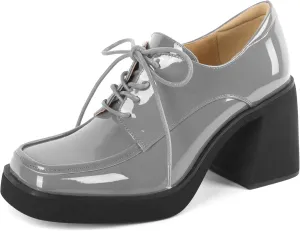 SAMMITOP Platform Oxfords for Women Chunky Lace Up Oxford Shoes Square Toe Casual Comfort Business Work Office Dress Shoes Patent Leather 3.2 Inches