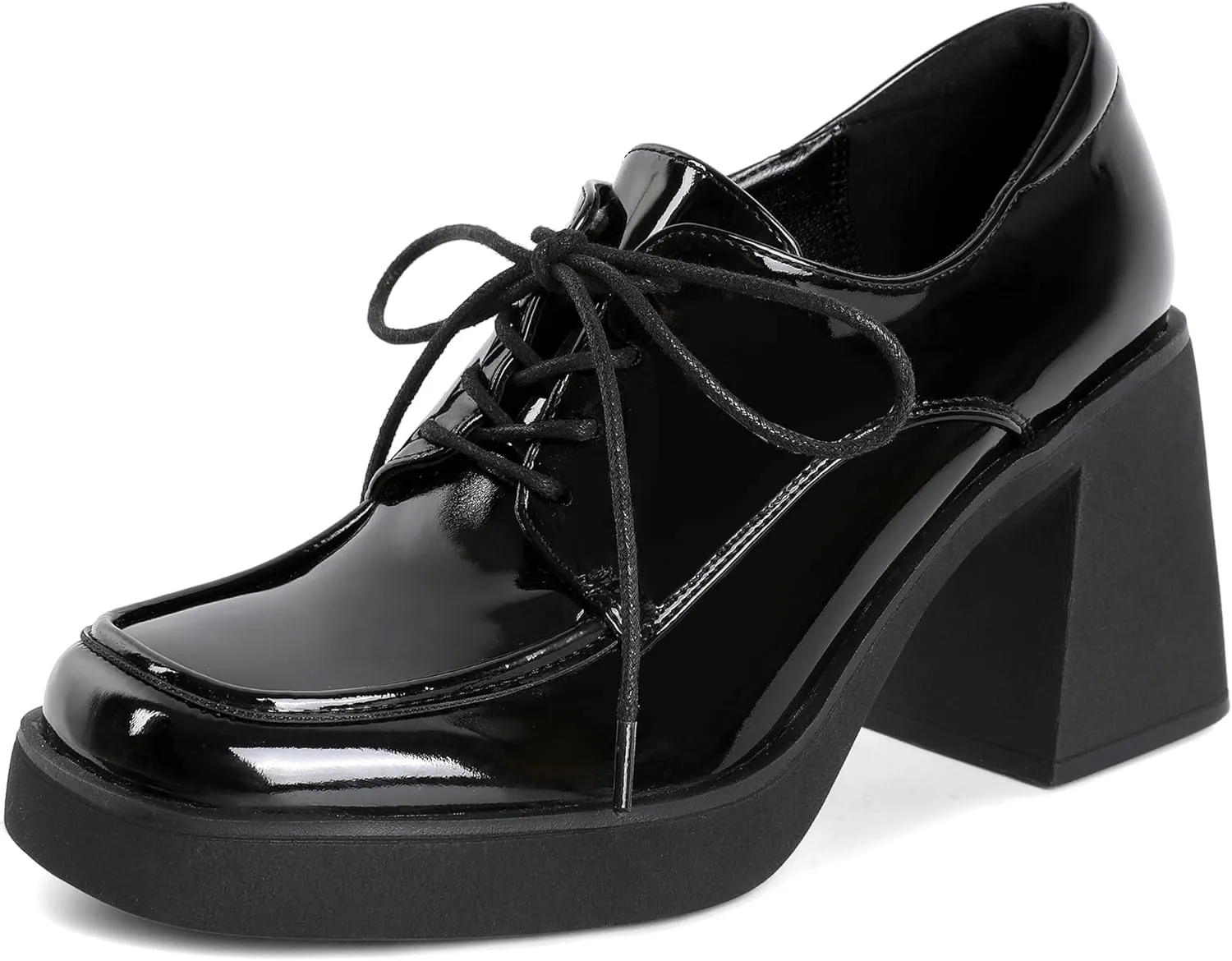 SAMMITOP Platform Oxfords for Women Chunky Lace Up Oxford Shoes Square Toe Casual Comfort Business Work Office Dress Shoes Patent Leather 3.2 Inches