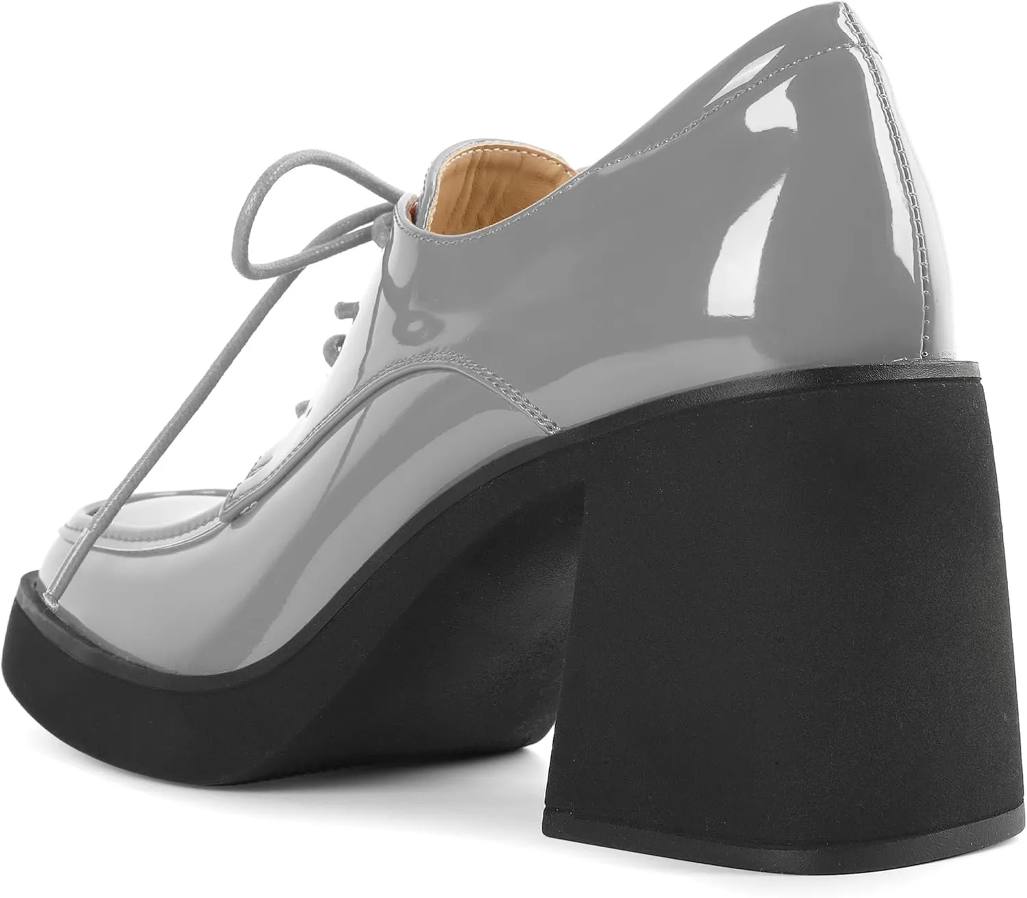 SAMMITOP Platform Oxfords for Women Chunky Lace Up Oxford Shoes Square Toe Casual Comfort Business Work Office Dress Shoes Patent Leather 3.2 Inches