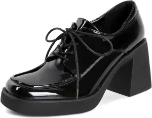 SAMMITOP Platform Oxfords for Women Chunky Lace Up Oxford Shoes Square Toe Casual Comfort Business Work Office Dress Shoes Patent Leather 3.2 Inches