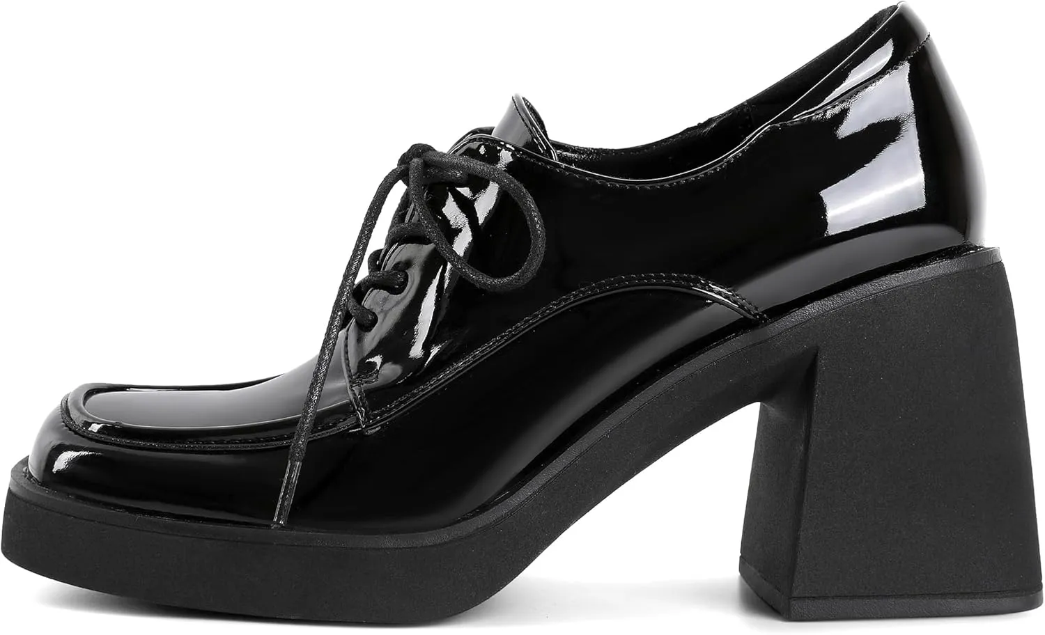 SAMMITOP Platform Oxfords for Women Chunky Lace Up Oxford Shoes Square Toe Casual Comfort Business Work Office Dress Shoes Patent Leather 3.2 Inches