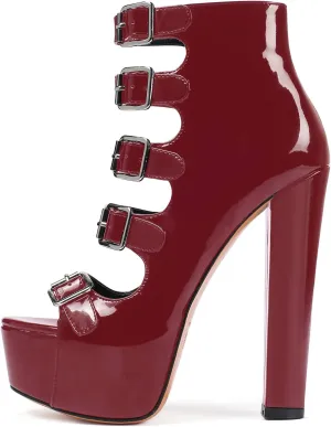 SAMMITOP Women's Chunky Heel Platform Sandals Open Toe Buckle Strap Zipper Shoes