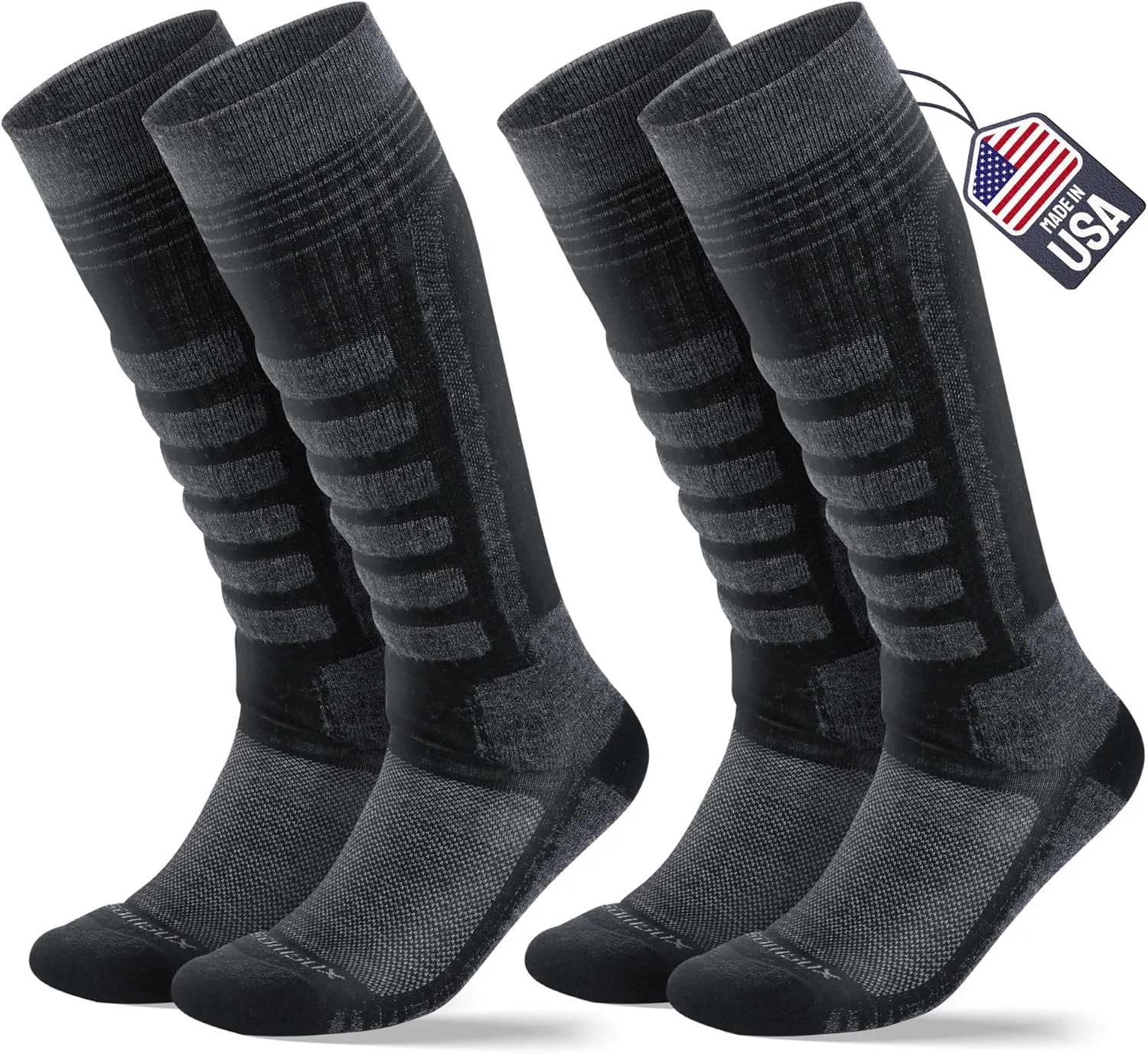 SAMSOX 2-Pair Merino Wool Ski Socks, Made in USA Over-the-Calf Skiing and Snowboarding Socks for Men & Women (Ashland)