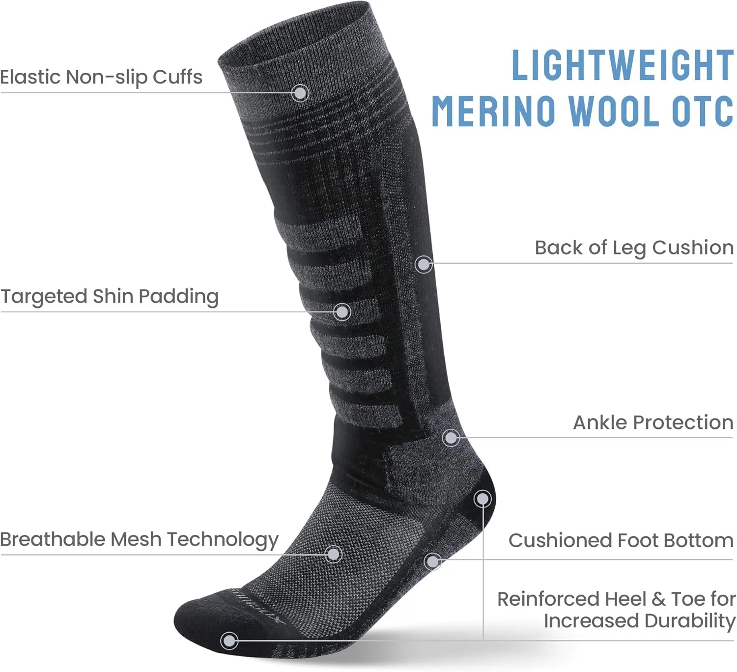 SAMSOX 2-Pair Merino Wool Ski Socks, Made in USA Over-the-Calf Skiing and Snowboarding Socks for Men & Women (Ashland)