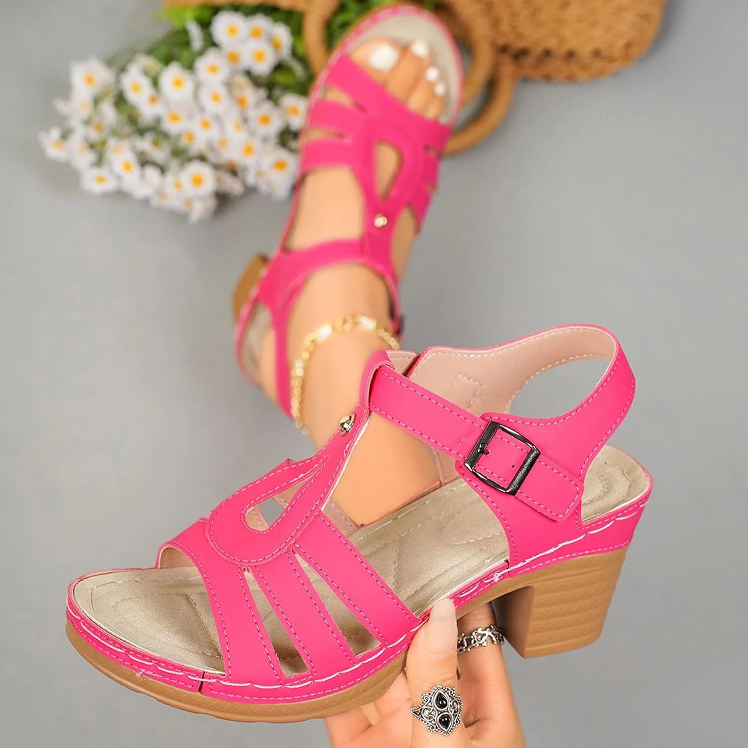 Sandals Womens Summer Wedge Comfort Ankle Strap Walking Shoes Platform Beach Boho Open Toe Sandals for Women
