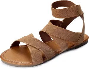 SANDALUP Elastic Ankle Strap Flat Sandals for Women