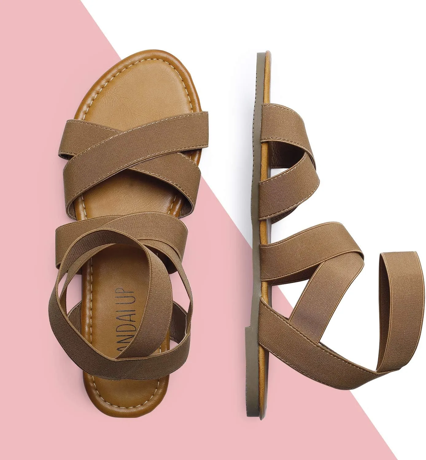SANDALUP Elastic Ankle Strap Flat Sandals for Women