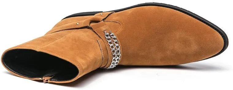 Santimon Men's Biker Punk Boots Belt Buckle Chain Strap Suede Dress Casual Boots with Side Zipper