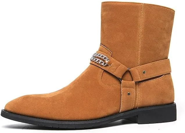 Santimon Men's Biker Punk Boots Belt Buckle Chain Strap Suede Dress Casual Boots with Side Zipper